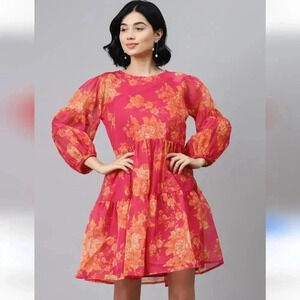 SASSAFRAS Fuchsia Floral Drop Shoulder Tiered Dress